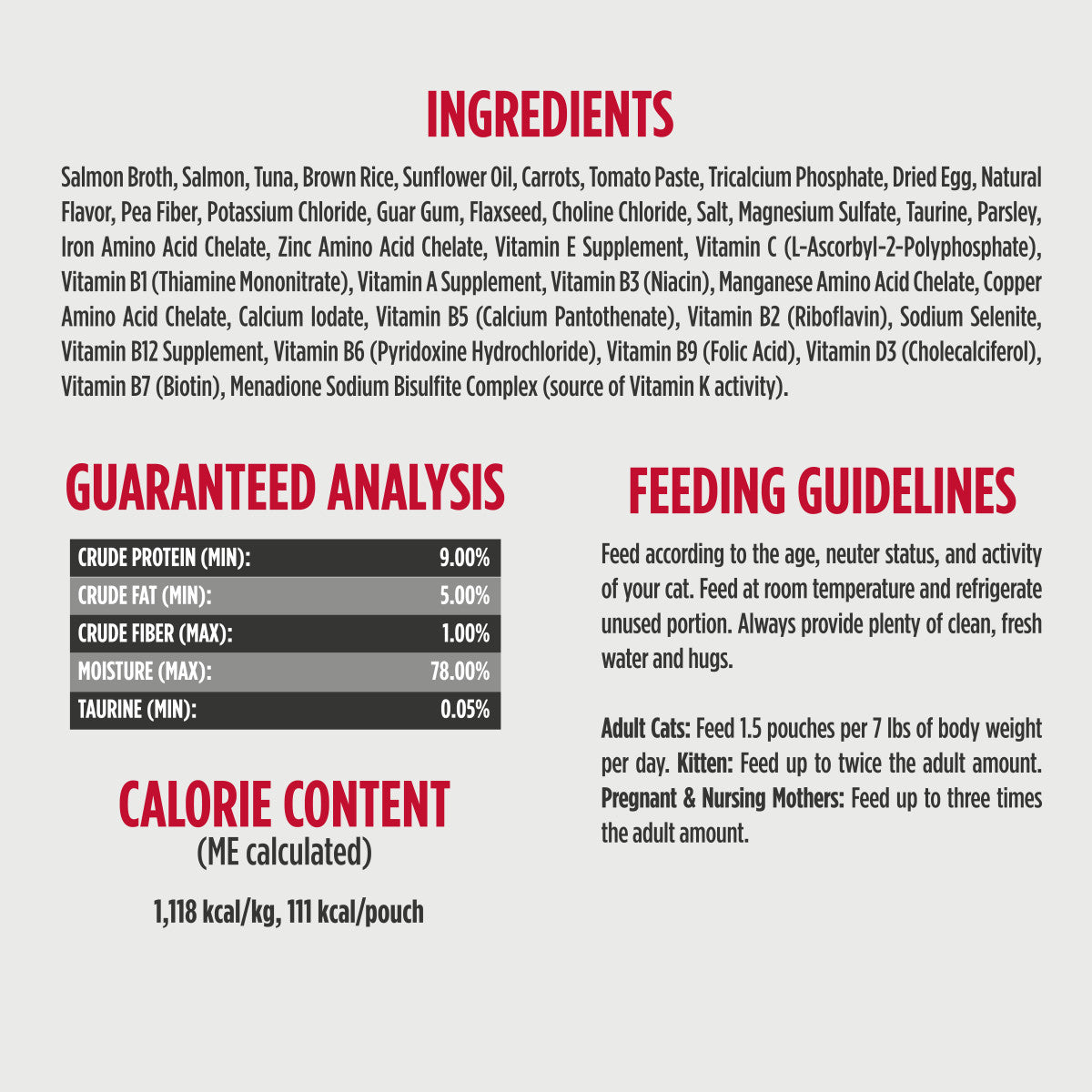 Nulo Gently-Cooked Meals Salmon & Tuna Recipe for Cats 3.5 oz ingredients and guaranteed analysis
