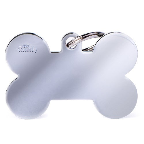 My Family XL bone pet ID tag in chrome-plated brass