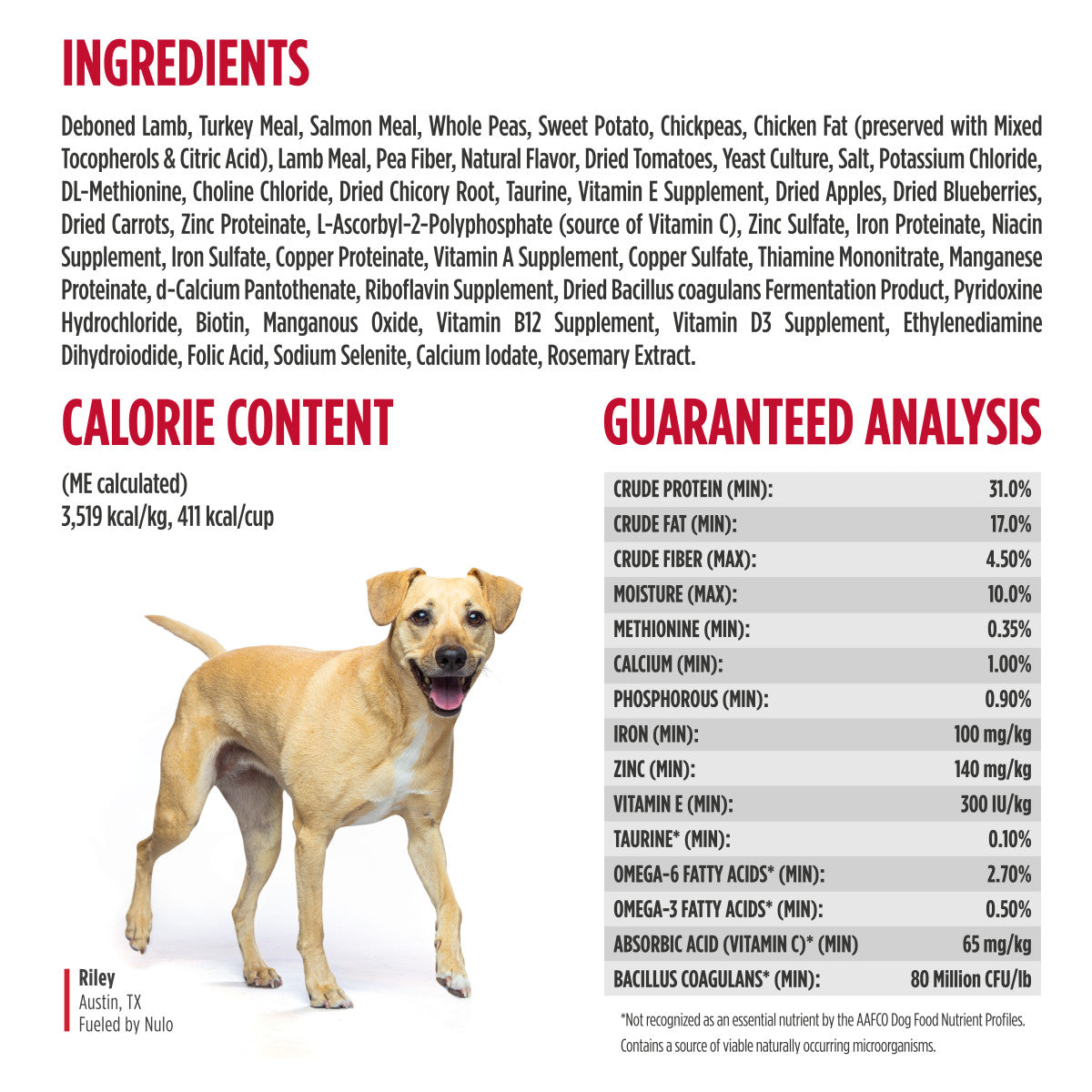 Nulo FreeStyle Lamb & Chickpeas Recipe for Dogs 24 lb ingredients and guaranteed analysis