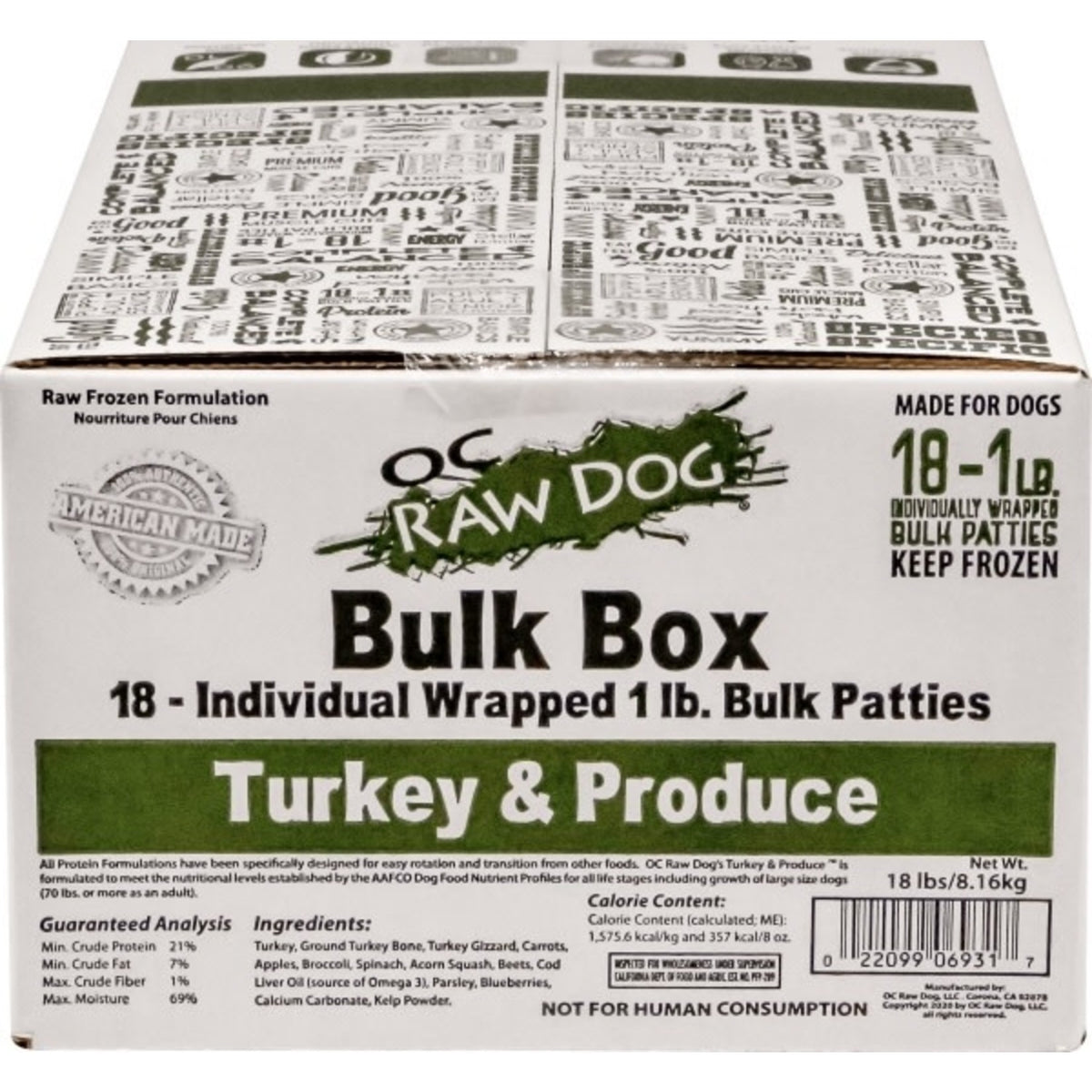OC RAW DOG GRAIN FREE FROZEN BULK TURKEY & PRODUCE 18LBS