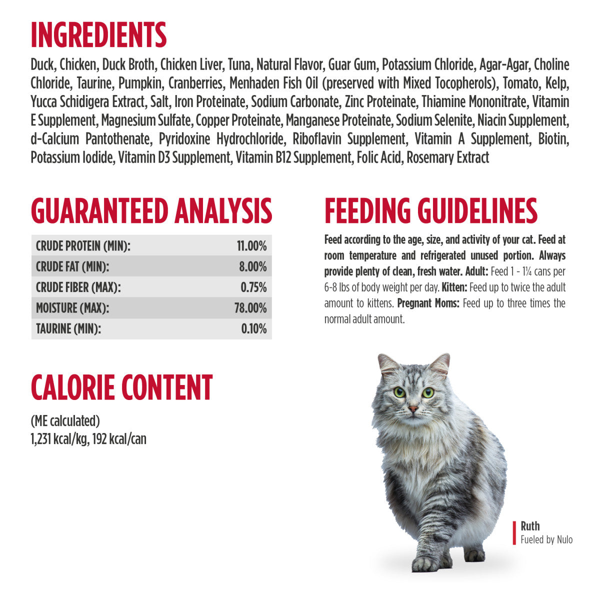 Nulo Paté Duck & Tuna Recipe for Cats 5.5 oz ingredients and guaranteed analysis