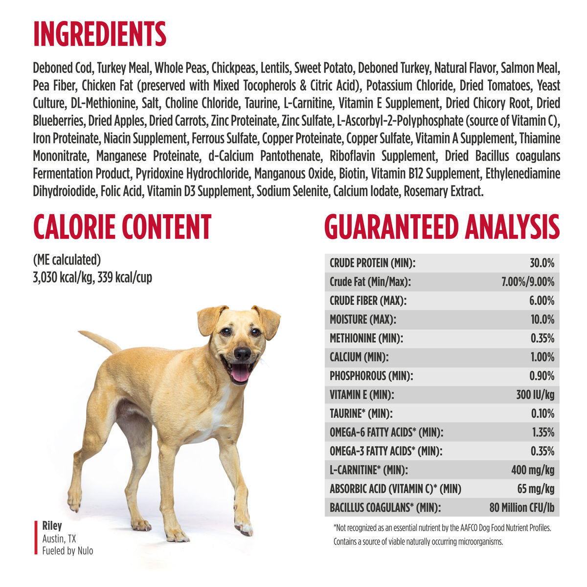 Nulo FreeStyle Adult Trim Cod & Lentils Recipe for Dogs 11 lb ingredients and guaranteed analysis