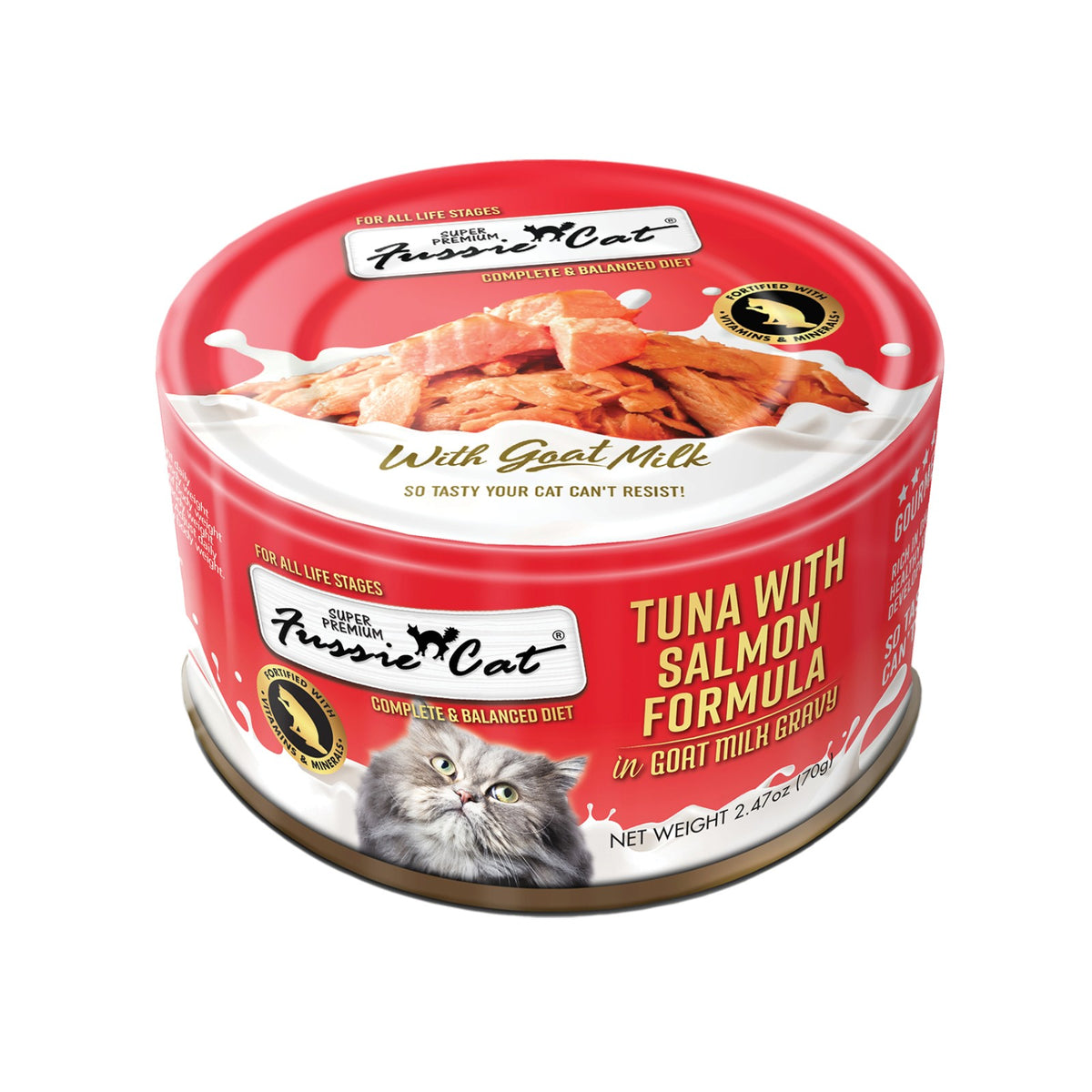 Fussie Cat Tuna &amp; Salmon with Goat Milk, front of package