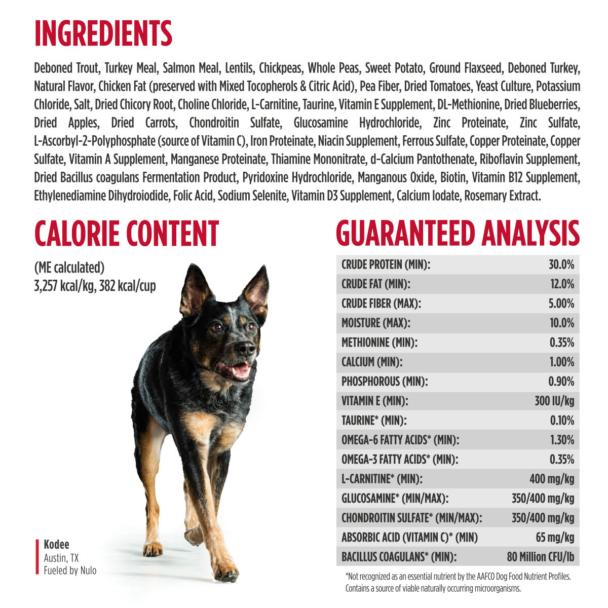Nulo FreeStyle Senior Trout &amp; Sweet Potato Recipe for Dogs 4.5 lb ingredients and guaranteed analysis