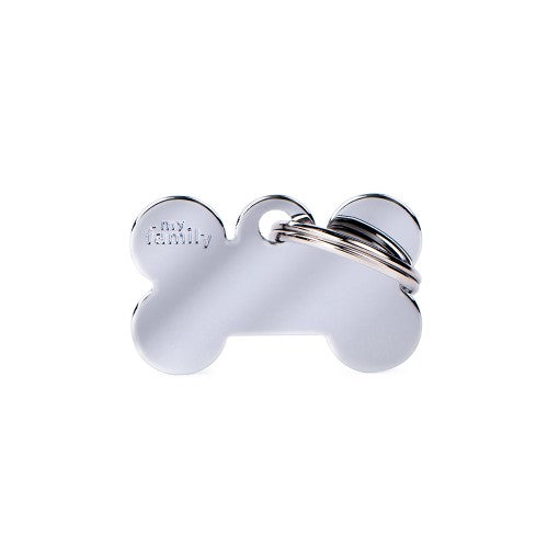 My Family small bone pet ID tag in chrome-plated brass