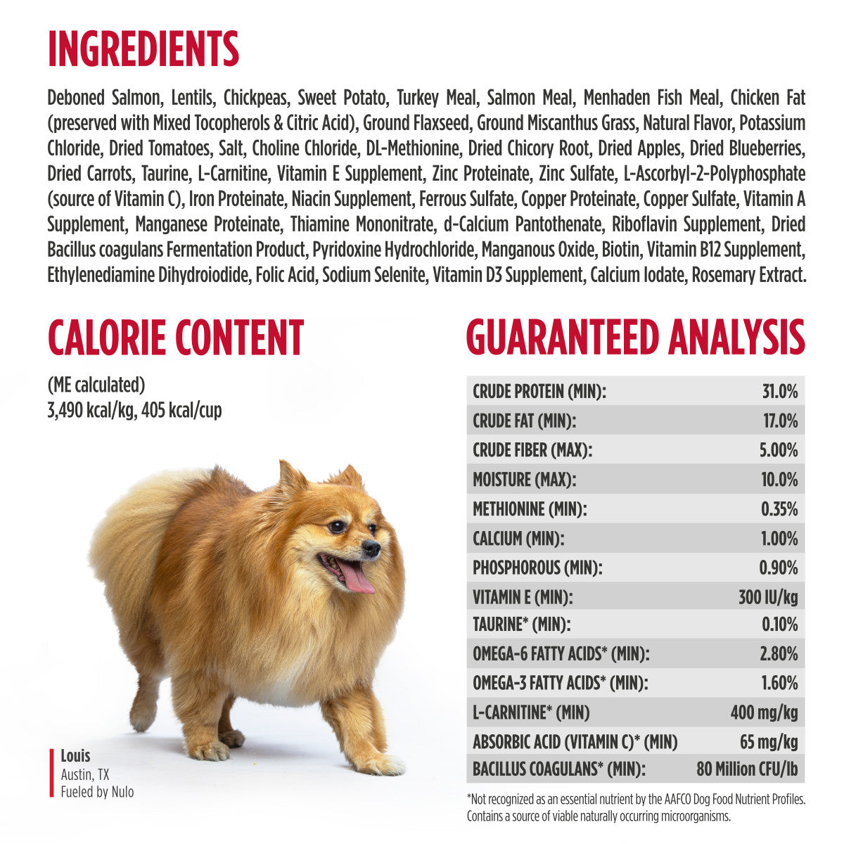 Nulo FreeStyle Small Breed Salmon &amp; Lentils Recipe for Dogs 4.5 lb ingredients and guaranteed analysis