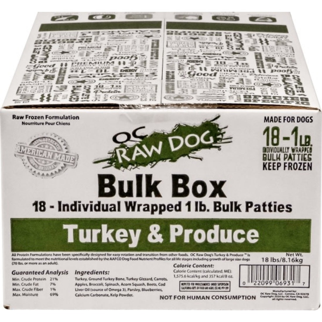 OC RAW DOG GRAIN FREE FROZEN BULK TURKEY &amp; PRODUCE 18LBS
